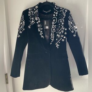 Mateeno Embellished Black Velvet Blazer with Crystal Appliqué